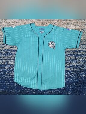 Vintage 90's MLB Florida Marlins Starter Pinstripe Teal Full Button Jersey